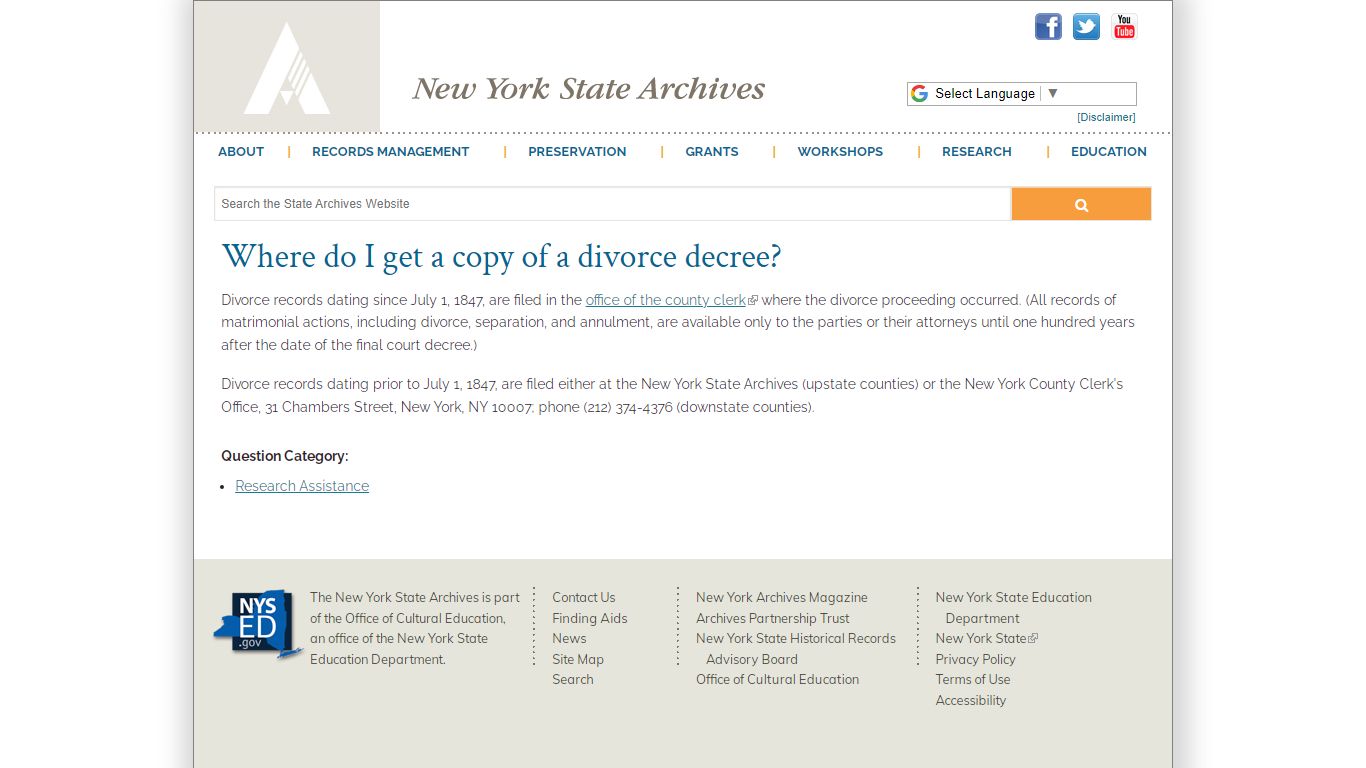 Where do I get a copy of a divorce decree? - New York State Archives